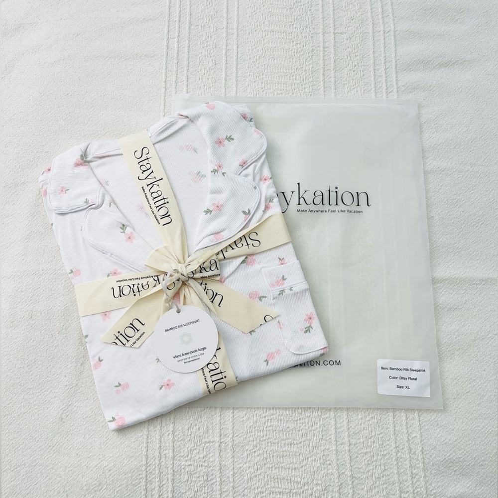 NWT StayKation Pj Lounge Bamboo Floral Ribbed Sleep Shirt / Dress Size XL